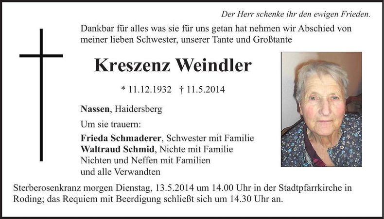 Traueranzeige Kreszenz Weindler