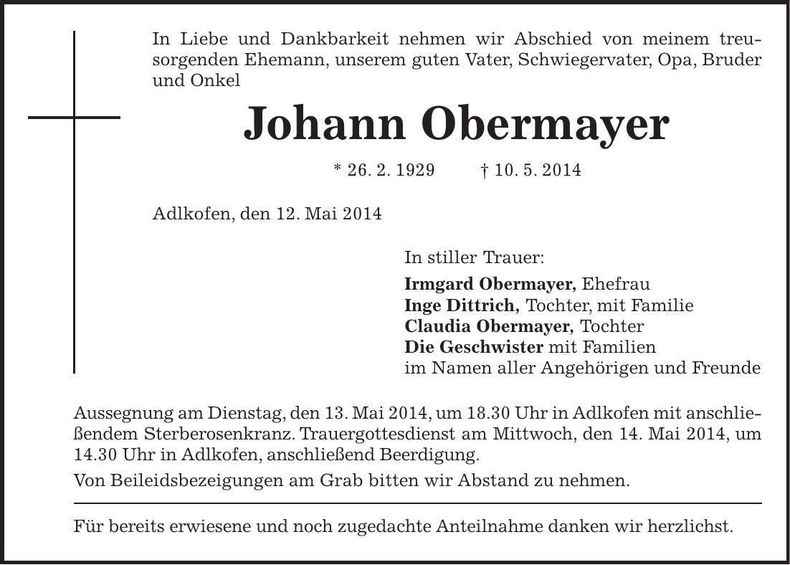 Traueranzeige Johann Obermayer