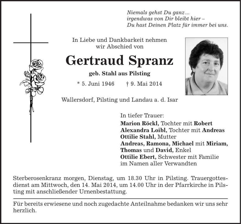 Traueranzeige Gertraud Spranz