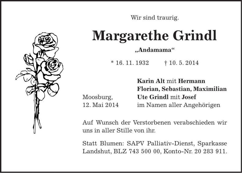 Traueranzeige Margarethe Grindl