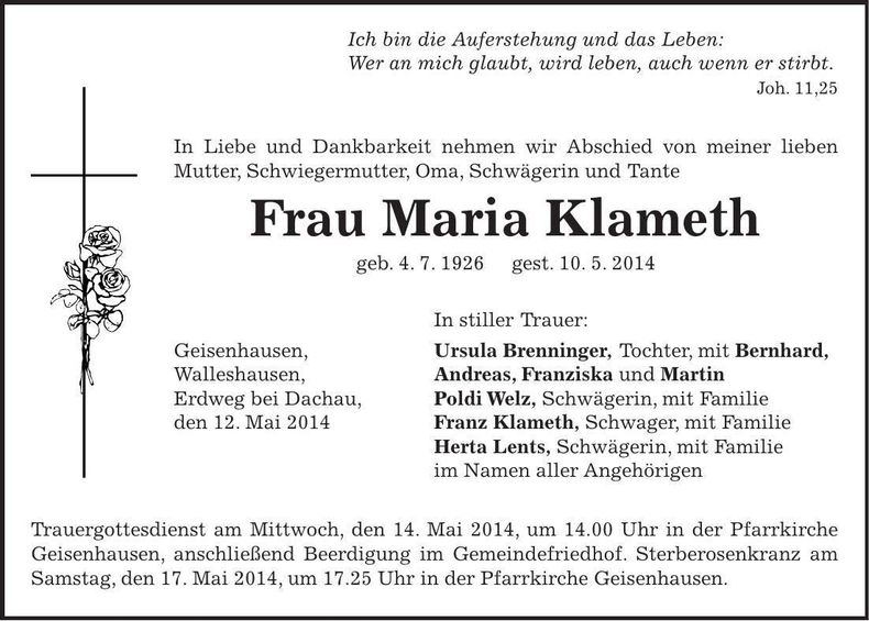 Traueranzeige Maria Klameth