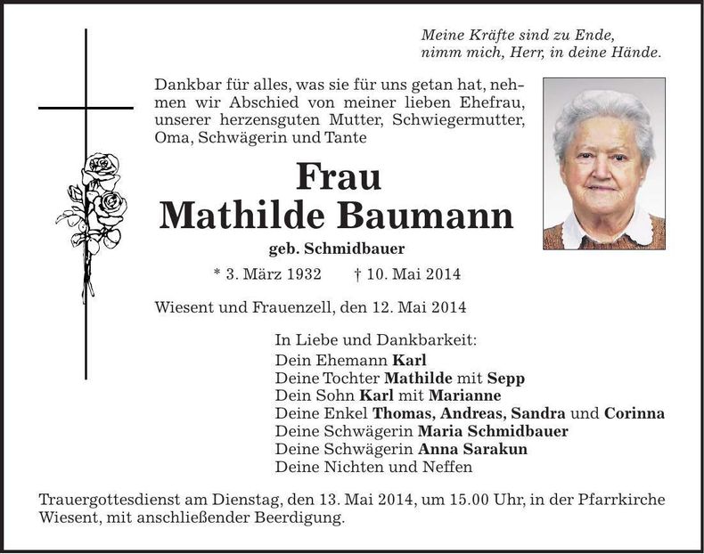Traueranzeige Mathilde Baumann