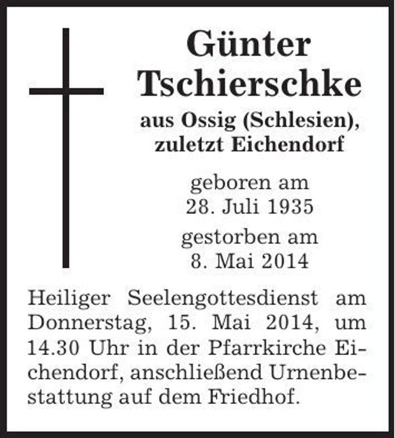 Traueranzeige Günter Tschierschke