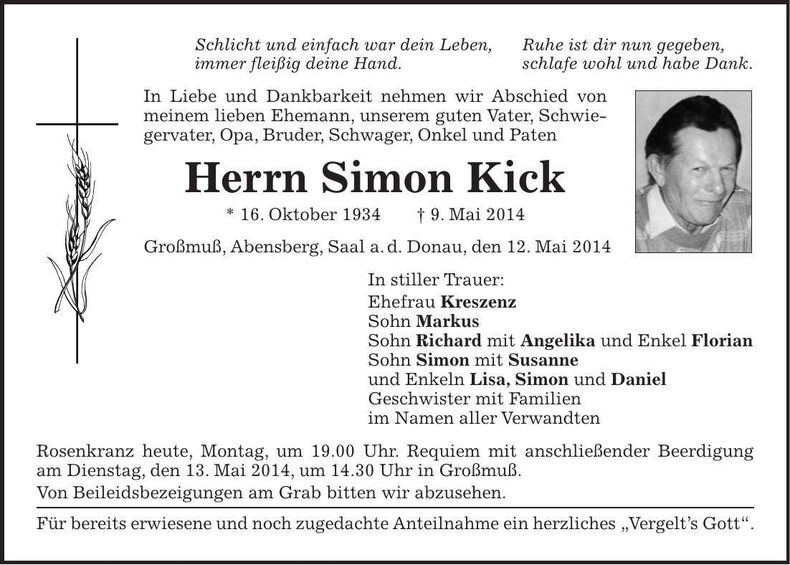 Traueranzeige Simon Kick