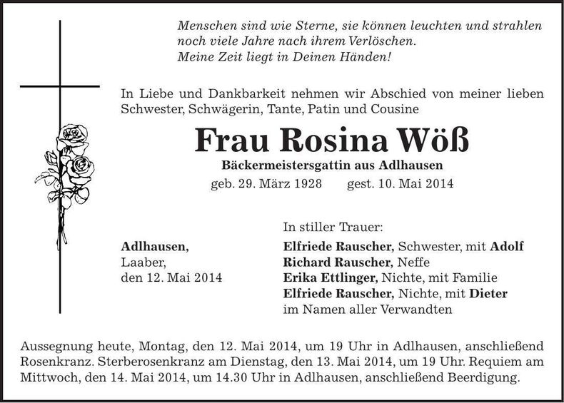 Traueranzeige Rosina Wöß