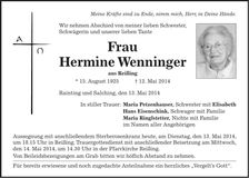 Traueranzeige Hermine Wenninger