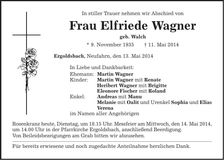 Traueranzeige Elfriede Wagner