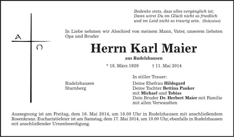 Traueranzeige Karl Maier