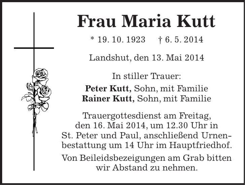 Traueranzeige Maria Kutt