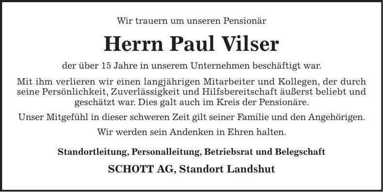 Traueranzeige Paul Vilser