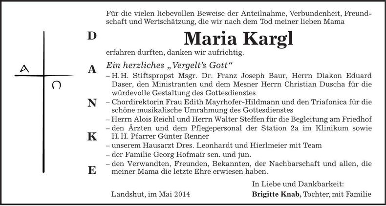 Traueranzeige Maria Kargl