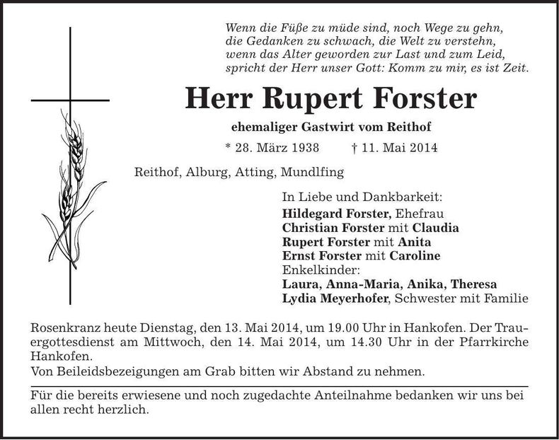 Traueranzeige Rupert Forster
