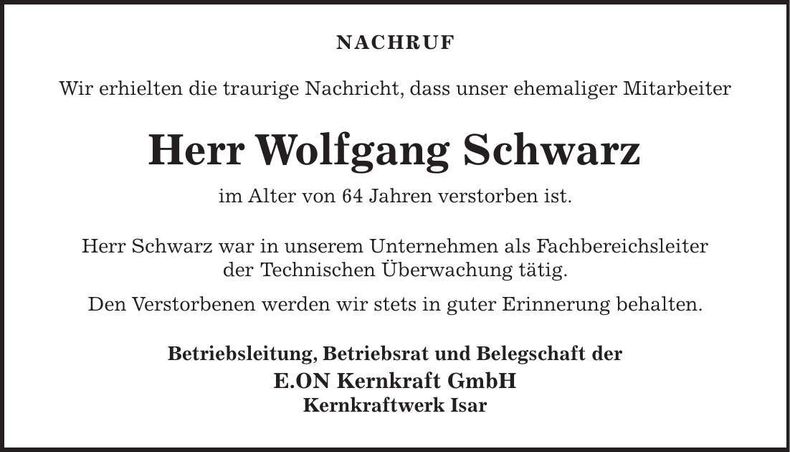 Traueranzeige Wolfgang Schwarz