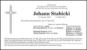 Traueranzeige Johann Stabicki