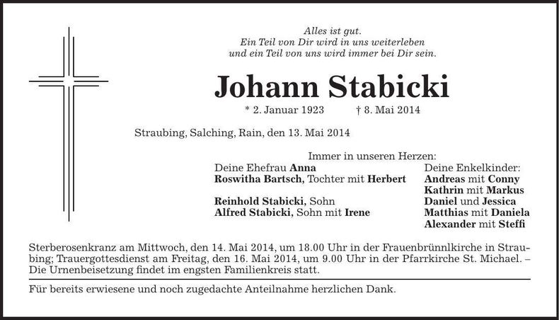 Traueranzeige Johann Stabicki
