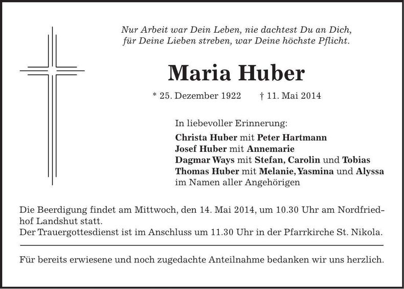 Traueranzeige Maria Huber