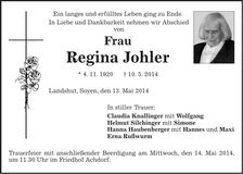 Traueranzeige Regina Johler