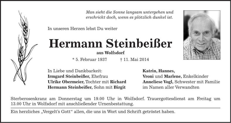 Traueranzeige Hermann Steinbeißer