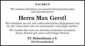 Traueranzeige Max Gerstl