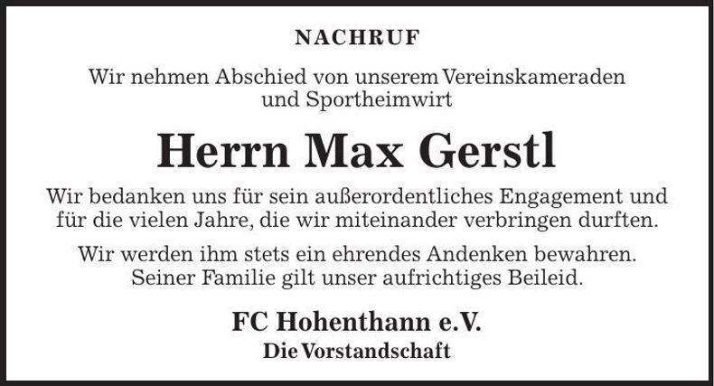 Traueranzeige Max Gerstl