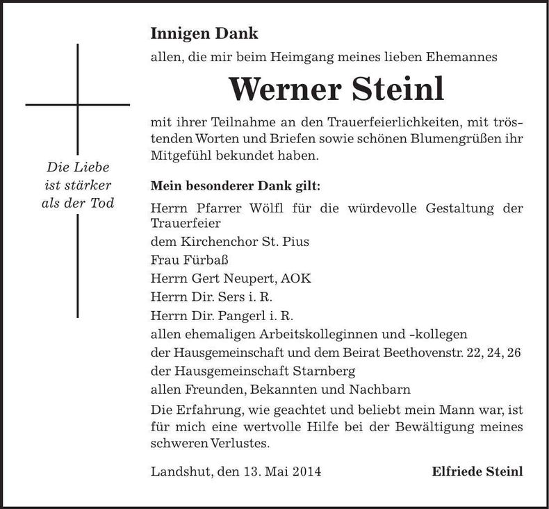 Traueranzeige Werner Steinl
