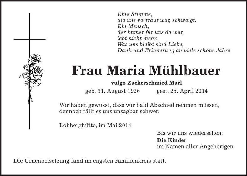 Traueranzeige Maria Mühlbauer