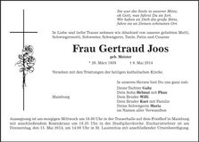 Traueranzeige Gertraud Joos