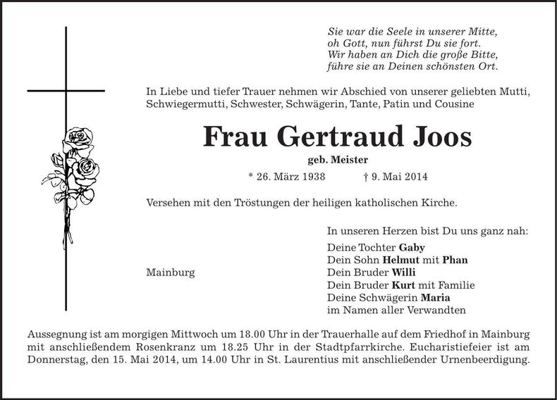 Traueranzeige Gertraud Joos