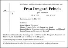 Traueranzeige Irmgard Feineis