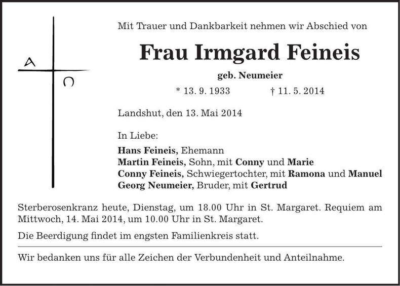 Traueranzeige Irmgard Feineis