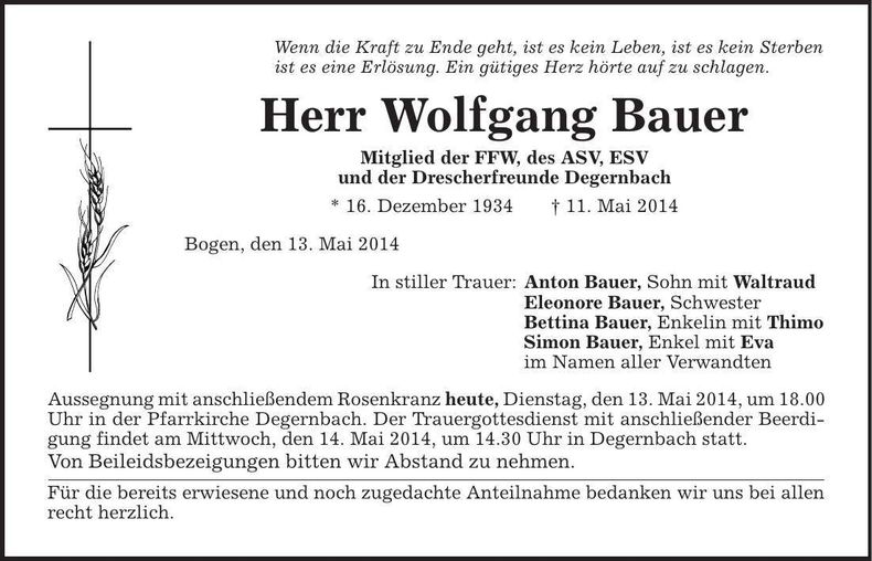 Traueranzeige Wolfgang Bauer