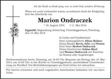 Traueranzeige Marion Ondraczek
