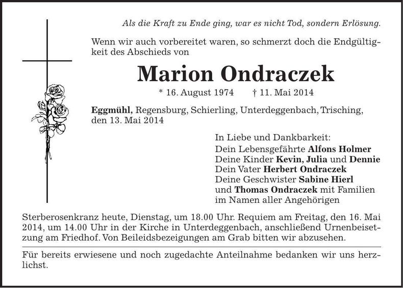 Traueranzeige Marion Ondraczek