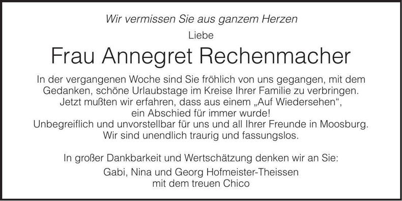 Traueranzeige Annegret Rechenmacher