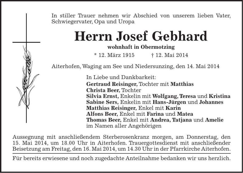 Traueranzeige Josef Gebhard