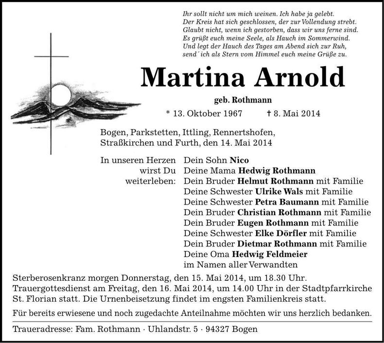Traueranzeige Martina Arnold