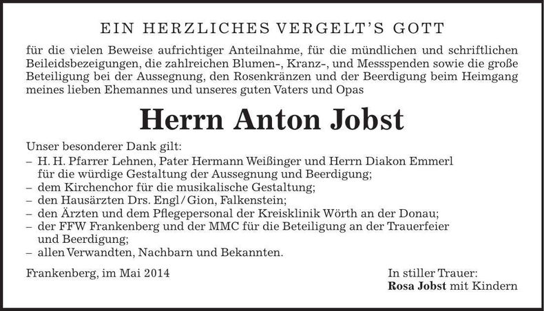 Traueranzeige Anton Jobst