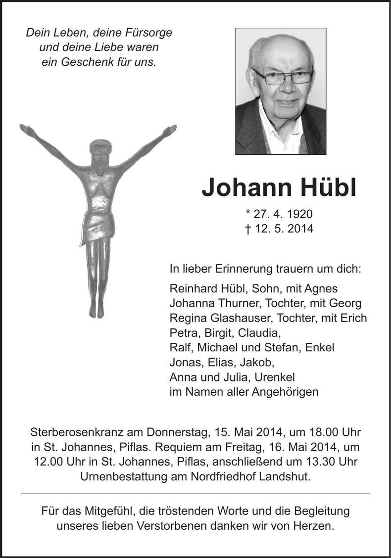 Traueranzeige Johann Hübl