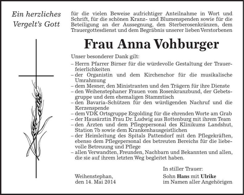Traueranzeige Anna Vohburger