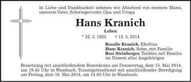 Traueranzeige Hans Kranich