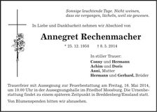 Traueranzeige Annegret Rechenmacher