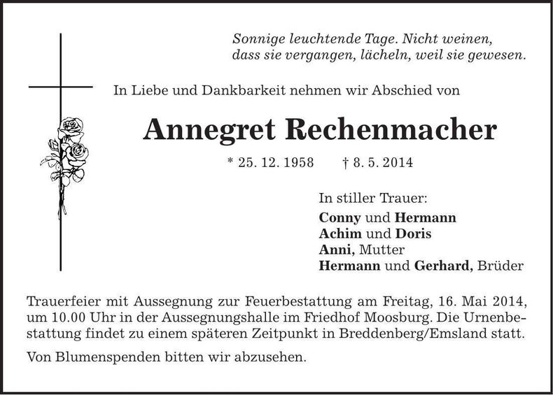Traueranzeige Annegret Rechenmacher