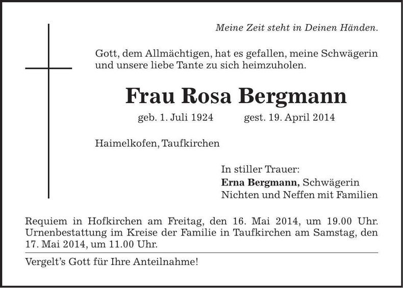 Traueranzeige Rosa Bergmann