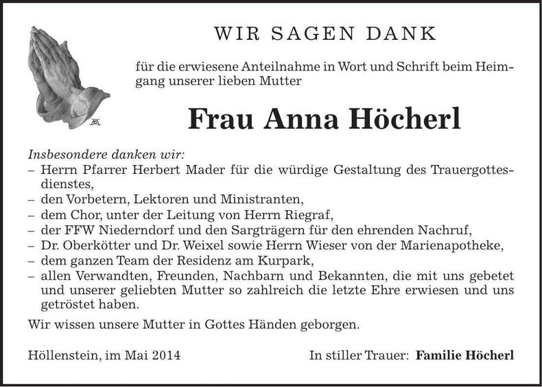 Traueranzeige Anna Höcherl