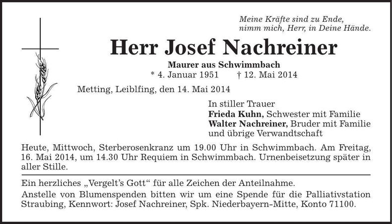 Traueranzeige Josef Nachreiner