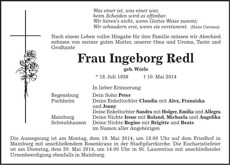 Traueranzeige Ingeborg Redl