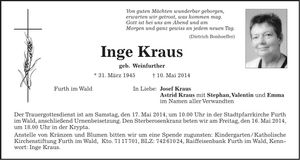 Traueranzeige Inge Kraus