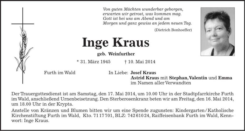 Traueranzeige Inge Kraus
