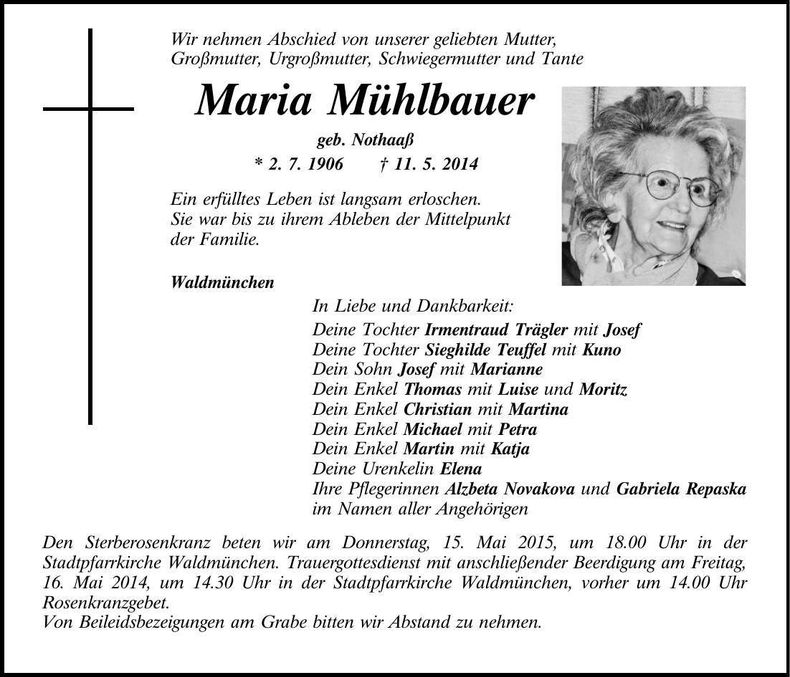 Traueranzeige Maria Mühlbauer