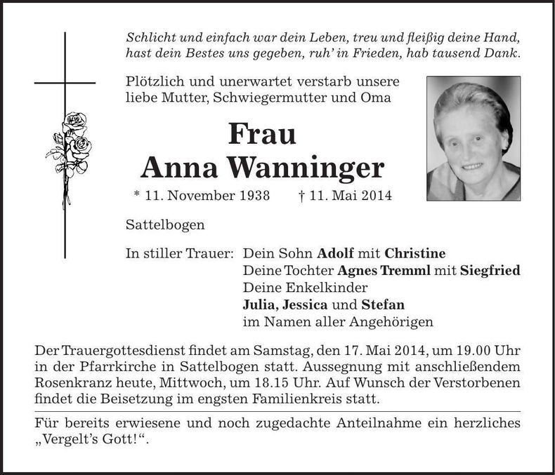 Traueranzeige Anna Wanninger